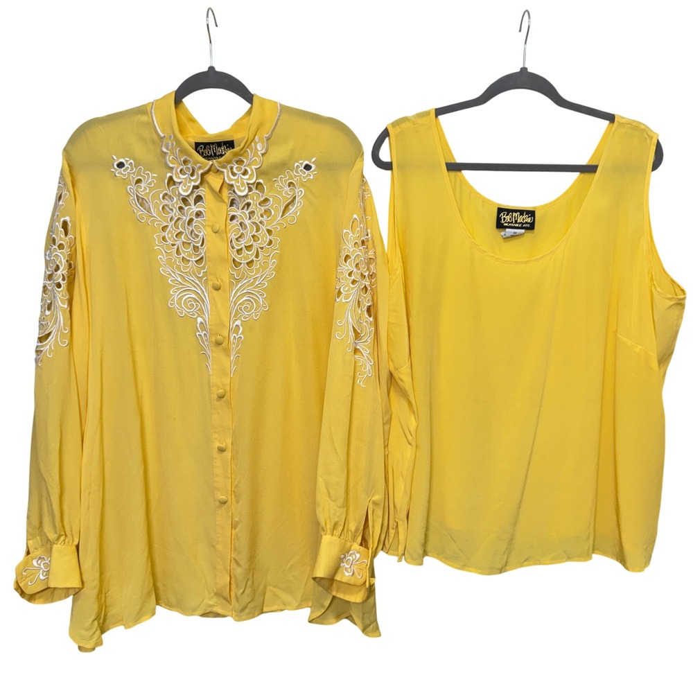 Bob Mackie 2-Piece Silk Tunic Tank Set 2X Yellow Embroidered Vintage Art Twee